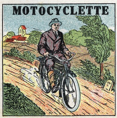 Mekanisk dragkraft: motorcykel. Anonym illustration av 1925. Privat samling. av Anonymous Anonymous