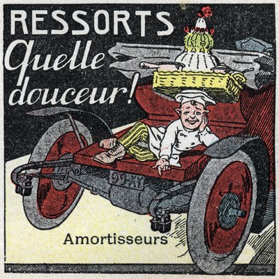 Mekanisk dragkraft: stötfjädrar i en bil. Anonym illustration från 1925. Privat samling. av Anonymous Anonymous