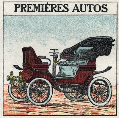 Mekanisk dragkraft: de första bensinbilarna som uppfanns 1895 av Panhard och Levassor. Anonym illustration från 1925. Privat samling. av Anonymous Anonymous