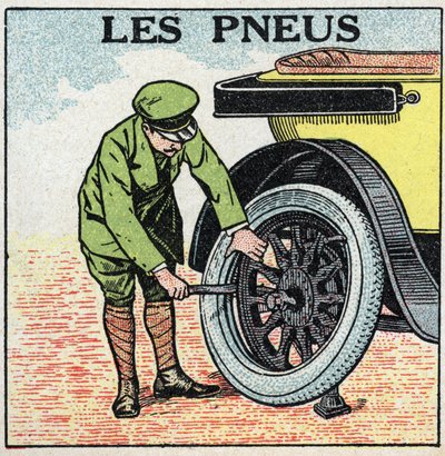 Mekanisk dragkraft: däcken på en bil. Anonym illustration från 1925. Privat samling. av Anonymous Anonymous