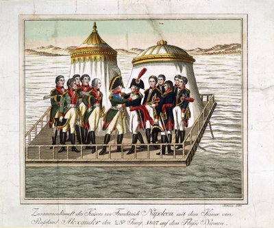 Möte mellan kejsarna Alexander I av Ryssland och Napoleon I av Frankrike vid Neman nära Tilsit - Anonym - 1807 - Etsning, akvarell - 29,7x39,7 - Privat samling av Anonymous Anonymous