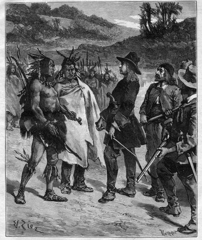 Möte av Robert Cavelier de La Salle (1643-1687) med indianerna i Amerika nära Lake Peoria gravyr i "Journal des voyages" från 1889 av Anonymous Anonymous