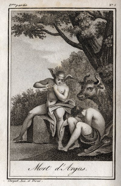 Merkurius och Argus (Mercury och Argus). Death of Argus: Merkurius spelad av flöjt för att somna Argus och befria nymfen Io, förvandlad till en ko. Gravyr från 1819 i "Lettres a Emilie sur la mythologie" av Charles Albert Demoustier (1760-1801). av Anonymous Anonymous