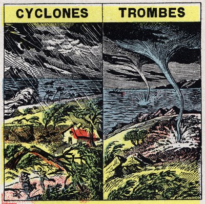 Meteorologi: cykloner och stammar (tromber). Anonym illustration av 1925. Privat samling. av Anonymous Anonymous