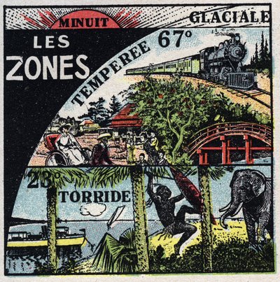 Meteorologi: värmefördelning på jorden och olika klimat (varma, tempererade, polära zoner).Anonym illustration av 1925. Privat samling. av Anonymous Anonymous