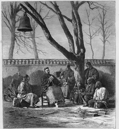 Missionär undervisar i katolsk doktrin i Henanprovinsen (Ho Nan, Ho-Nan), Kina. Gravyr i "The Catholic Missions in the XIXth Century"" av Louis-Eugene (Louis Eugene) Louvet. privat samling. av Anonymous Anonymous