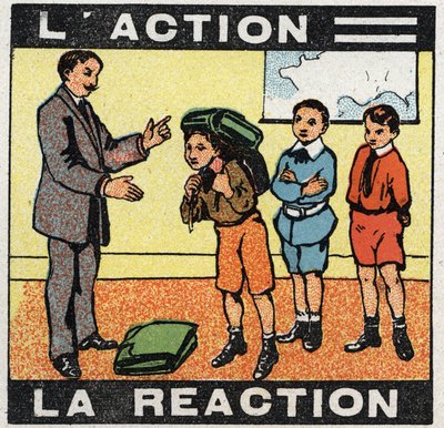 Rörelser: handling, reaktion. En pojke som bär sin väska. Anonym illustration från 1925. Privat samling. av Anonymous Anonymous