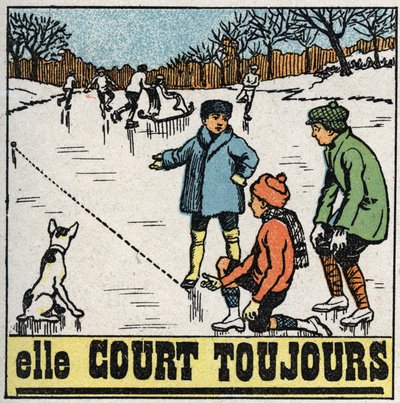 Rörelser: barn som spelar bollar på den frusna isen i en damm på vintern. Anonym illustration från 1925. Privat samling. av Anonymous Anonymous
