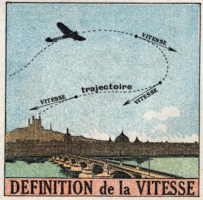 Rörelser: definition av hastighet. Ett plan som flyger över en stad. Anonym illustration från 1925. Privat samling. av Anonymous Anonymous