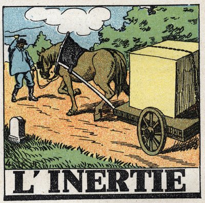 Rörelser: tröghet. En åkare som ger fransar för att flytta sin häst framåt. Anonym illustration från 1925. Privat samling. av Anonymous Anonymous
