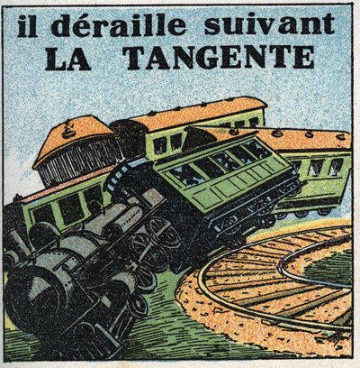 Rörelser: tangent. Tåg urspårning. Anonym illustration från 1925. Privat samling. av Anonymous Anonymous