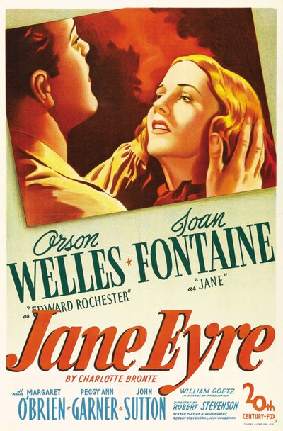 Filmaffisch från filmen "" Jane Eyre"" skriven av Charlotte Bronte och regisserad av Robert Stevenson 1944 med skådespelarna Orson Welles som Edward Rochester och Joan Fontaine som Jane. Privat samling. av Anonymous Anonymous