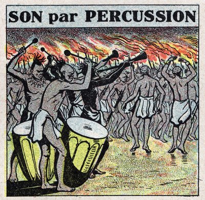 Musikinstrument: slagverkare i en afrikansk by. Anonym illustration från 1925. Privat samling. av Anonymous Anonymous