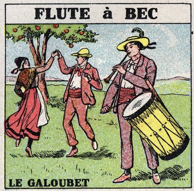 Musikinstrument: blåsinstrument. Galubetspelare (flöjt en näbb). Anonym illustration från 1925. Privat samling. av Anonymous Anonymous