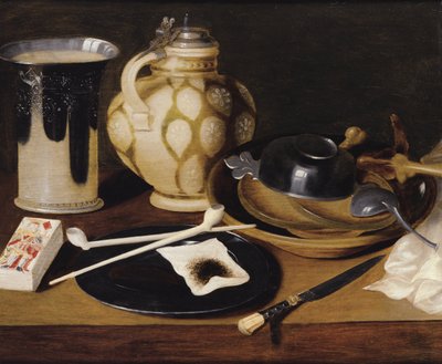 "Stilleben med ett rör, en diamantkung, en kniv och en kanna" Anonym målning omkring 1650 Olja på trä, storlek 52x64 cm Privat samling av Anonymous Anonymous