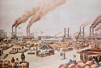 New Orleans Harbor Wharf (USA): Bomullsladdning. 1876. Privat samling. av Anonymous Anonymous