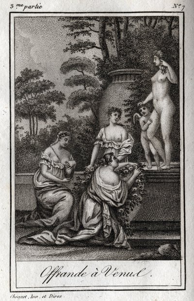 Erbjudande till Venus. Små kärlekar (angelots) samlas för att hylla gudinnan Afrodite. Gravyr från 1819 i "Lettres a Emilie sur la mythologie" av Charles Albert Demoustier (1760-1801). Privat samling. av Anonymous Anonymous