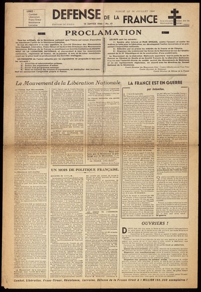 En av de hemliga tidningarna "" Défense de France"" av 15/01/1944 av Anonymous Anonymous