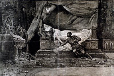 Otello tar livet av sig nära kroppen av Desdemona. Illustration av den sista scenen i Otello, opera av Giuseppe Verdi av Anonymous Anonymous