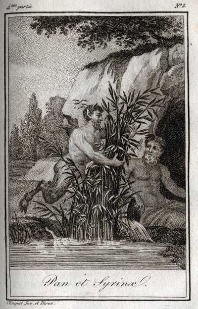 Pan och nymfen Syrinx förvandlades till vass (Pan och Nymph Syrinx). Gravyr från 1819 i "Lettres a Emilie sur la mythologie" av Charles Albert Demoustier (1760-1801). Privat samling. av Anonymous Anonymous