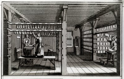 Pappersfabrik: torkningsstadiet. 1700-talsgravyr. Privat samling av Anonymous Anonymous