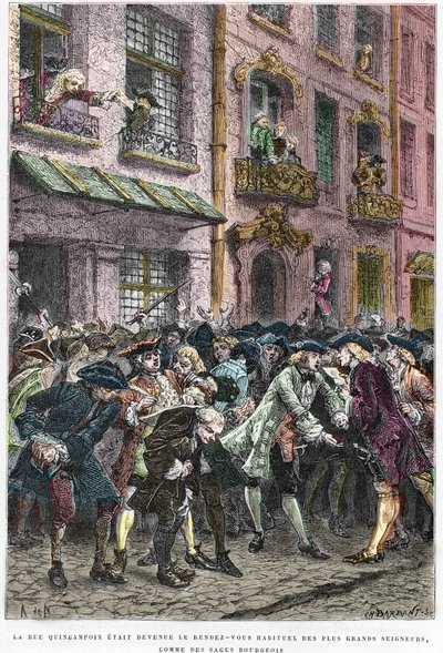 Paris IV arrondissement - Rue Quincampoix 1720 under John Laws system (1671 - 1729) - "" Uppståndelsen på rue Quincampoix"" (konkurs orsakad av Law) - Utsikt över rue Quincampoix med spekulanterna vid tiden för John Laws system, av Anonymous Anonymous