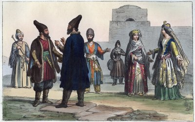 Persiska kläder på 1800-talet - gravyr från "" Användningar och seder för alla folk i universum. Det vill säga historien om regeringen, om lagarna, om milisen, om religionen för alla nationer från de mest avlägsna tiderna till våra dagar "1856 av Anonymous Anonymous