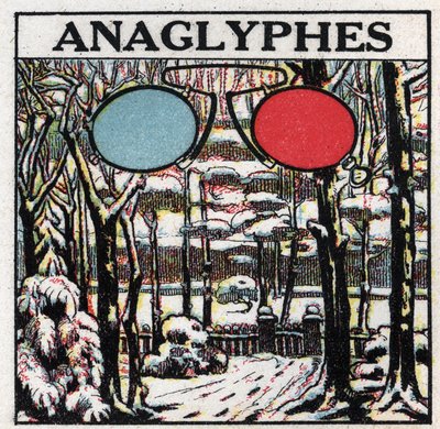 Fotografi: en anaglyf är en bild som skrivs ut för att ses i relief med tvåfärgade glasögon. Anonym illustration från 1925. Privat samling. av Anonymous Anonymous