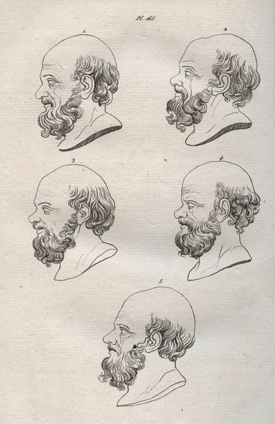 Physiognomy - Physiognomony - Flera chefer för den grekiske filosofen Sokrates (ca 469 f.Kr.-399 f.Kr.) (Byst av Sokrates (ca 469 f.Kr.-399 f.Kr.), atensk filosof) gravyr från 1808 i "Konsten att känna människor genom fysiognomi" Johann Gaspar (Gaspard) La av Anonymous Anonymous