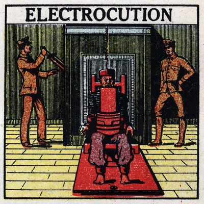 Fysiologiska effekter av elektricitet: elstötning av en dödsdom med hjälp av en elektrisk stol i en penitencier i USA. Anonym illustration från 1925. Privat samling. av Anonymous Anonymous