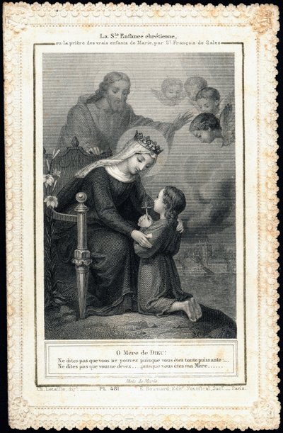 Fromma bild: "" Helig kristen barndom, eller bönen för de sanna Maria barn, av Saint Francois de Sales"" Dentelee-kort. Privat samling av Anonymous Anonymous