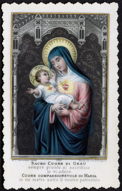 Fromme billede: Jesus som et barn i armene på sin mor Maria, med det hellige hjerte (gravering) av Anonymous Anonymous