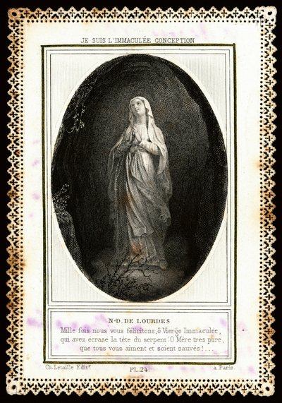 Fromma bild: "" Notre Dame de Lourdes"" Dentelee-kort. 1800-talet. Privat samling av Anonymous Anonymous