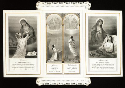 Fromma bild: "" uthållighet, kärlek till Jesus och Maria, paradisets heliga längtan, den goda döden"" Dentelee-kort i tryptik. 1800-talets privatsamling av Anonymous Anonymous