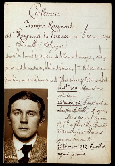 Polisblad av Raymond Callemin dit Raymond la Science (1890-1913), medbrottsling till Jules Bonnot (band a Bonnot) med listan över hans brott av Anonymous Anonymous