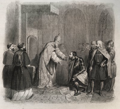 Påven St. Pius V (Pius eller Pio) (1566-1572) tar emot vinnaren av slaget vid Lepante. Gravyr från 1846 i "" Lives of the saints"". Privat samling. av Anonymous Anonymous