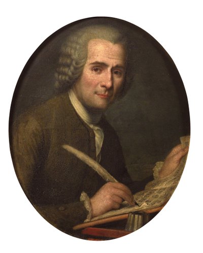 ""Porträtt av Jean Jacques Rousseau som skriver ett musikaliskt partitur"" (Jean-Jacques Rousseau (1712-1778) skriver ett notblad) Anonym målning Olja på duk Dim 65x54 cm Privat samling av Anonymous Anonymous