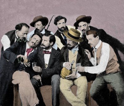 Porträttgrupp av konstnärer (Macchiaioli) i Florens: bland dem överst från vänster till höger Gaetano Bianchi, Cristiano Banti, Vito d