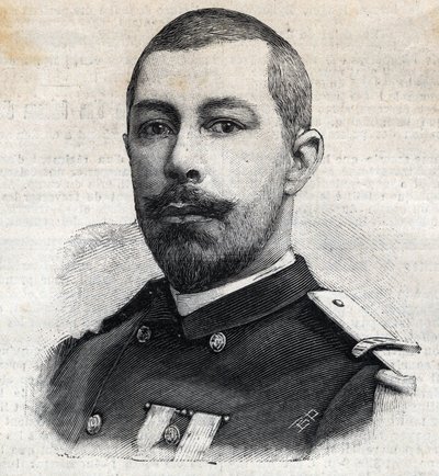 Porträtt av Antoine Mizon (1853-1899) fransk upptäcktsresande i Afrika. Gravyr i "" Le Peute Parisien"" av Anonymous Anonymous