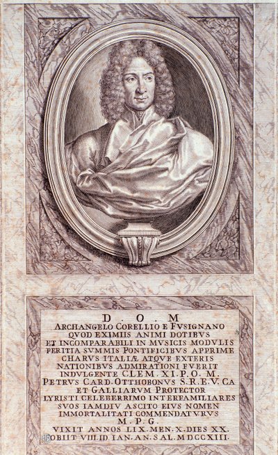 Porträtt av Arcangelo Corelli (1653-1713) italiensk kompositör och violinist Gravyr. Milanesisk privatsamling från 1700-talet av Anonymous Anonymous