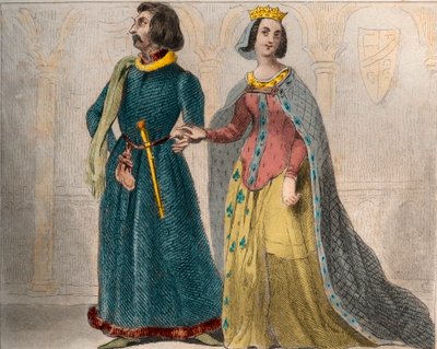 Porträtt av Charlotte de Savoie (1441-1483) Frankrikes drottning, med Ludvig XI av Frankrike, känd som den försiktige (1423-1483). Gravyr från 1859 i "" Le Monde. Alla folks historia från de mest avlägsna tiderna till våra dagar”. av M. E. de Lostalot-Bach av Anonymous Anonymous
