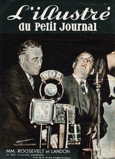 Porträtt av Franklin Delano Roosevelt (1882-1945) och Alfred Mossman "" Alf"" Landon (1887-1987), de två konkurrenterna i USA:s presidentval. I "" L