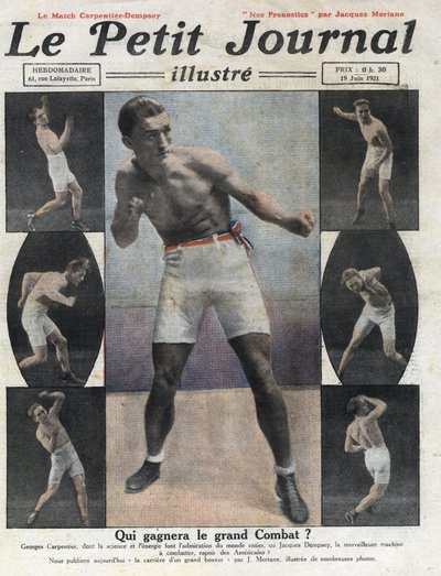 Porträtt av den franske boxaren Georges Carpentier som kommer att slåss mot den amerikanske boxaren Jack Dempsey om titeln världsmästare. Illustration hämtad från "" Le petit journal illustrious""" av 1921-06-19. Privat samling av Anonymous Anonymous