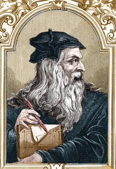 Porträtt av Leonard de Vinci (Leonardo da Vinci) (1452-1519). gravyr av 1859 i "" gallerierna i Europa - Italien"" av Armandaud (gravyr) av Anonymous Anonymous