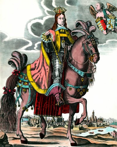 Porträtt av Leopold I, den helige romerske kejsaren - Ridsporträtt av Leopold I (1640 - 1705) kung av Ungern, Böhmen, Dalmatien, Kroatien och germansk kejsare. Gravyr av 1600-talet. Privat samling. av Anonymous Anonymous
