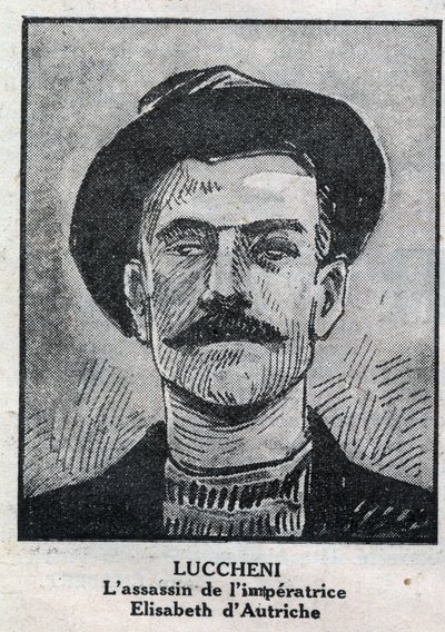 Porträtt av Luigi Lucheni (1873-1910), italiensk anarkist, mördare 1898 av Elisabeth de Wittelsbach, en kejsarinna av Österrike känd som Sissi. Gravyr i "" L
