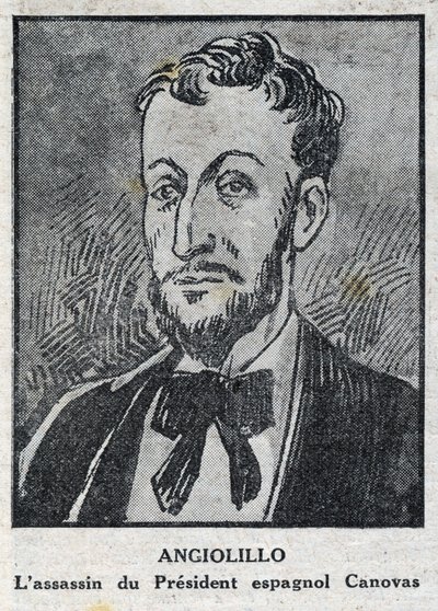 Porträtt av Michele Angiolillo Lombardi dit Jose Sants eller Rinaldini, italiensk anarkist (1871-1897) mördare av spanska rådets president Antonio Canovas del Castillo (1828-1897). Gravyr i "" L