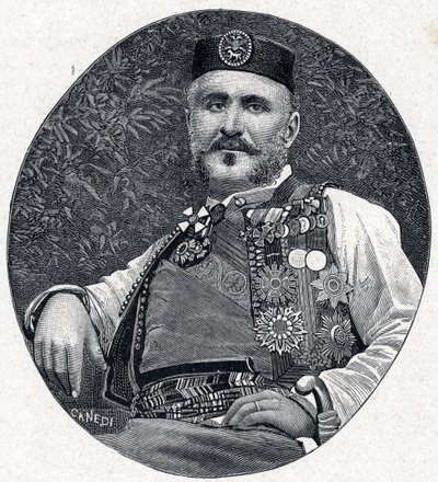 Porträtt av Nicholas I av Montenegro (Nikola I Petrovic-Njegos) (Petrovic Njegos) (1841-1921), Prins av Montenegro och Berda. Gravyr i "Les Missions Catholiques au XIXeme Siecle"" av Louis-Eugene (Louis Eugene) Louvet. privat samling. av Anonymous Anonymous