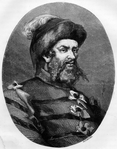 Porträtt av Philippe Guillery (Guilleri) (1566-1608) Fransk brigand - Gravyr av Leon Bailly från 1863 i "" Le Livre Rouge - Histoire De L
