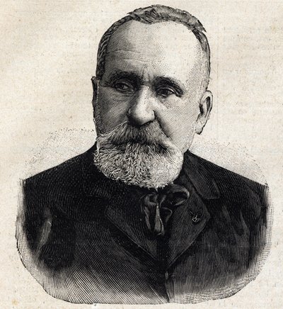 Porträtt av Pierre Puvis de Chavannes (1824-1898) fransk målare, vid den tiden president för Societe Nationale des Beaux Arts. Gravyr i "" Le Petro Parisien"" av Anonymous Anonymous